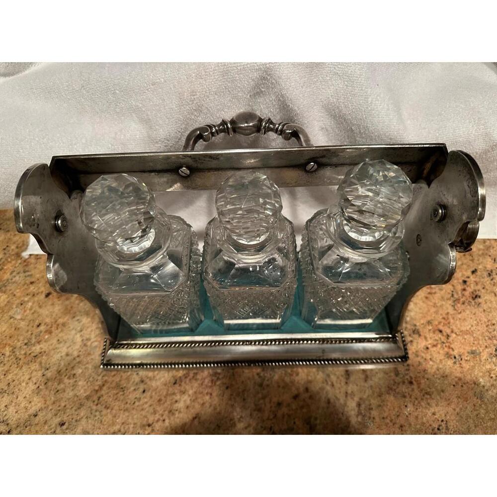 Antique English Tantalus By Betjemann, Cut Glass Decanters & Silverplate Holder